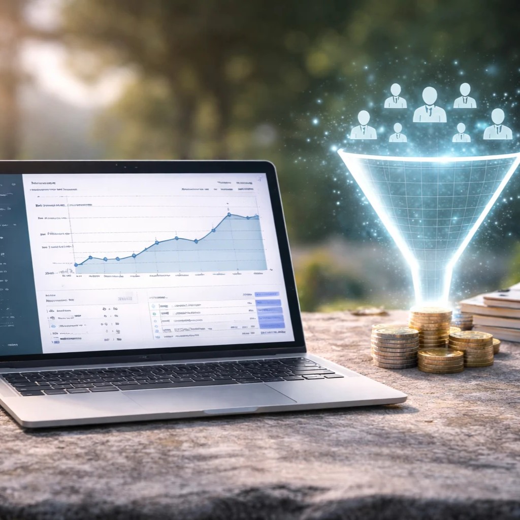image showing a laptop and conversion funnel